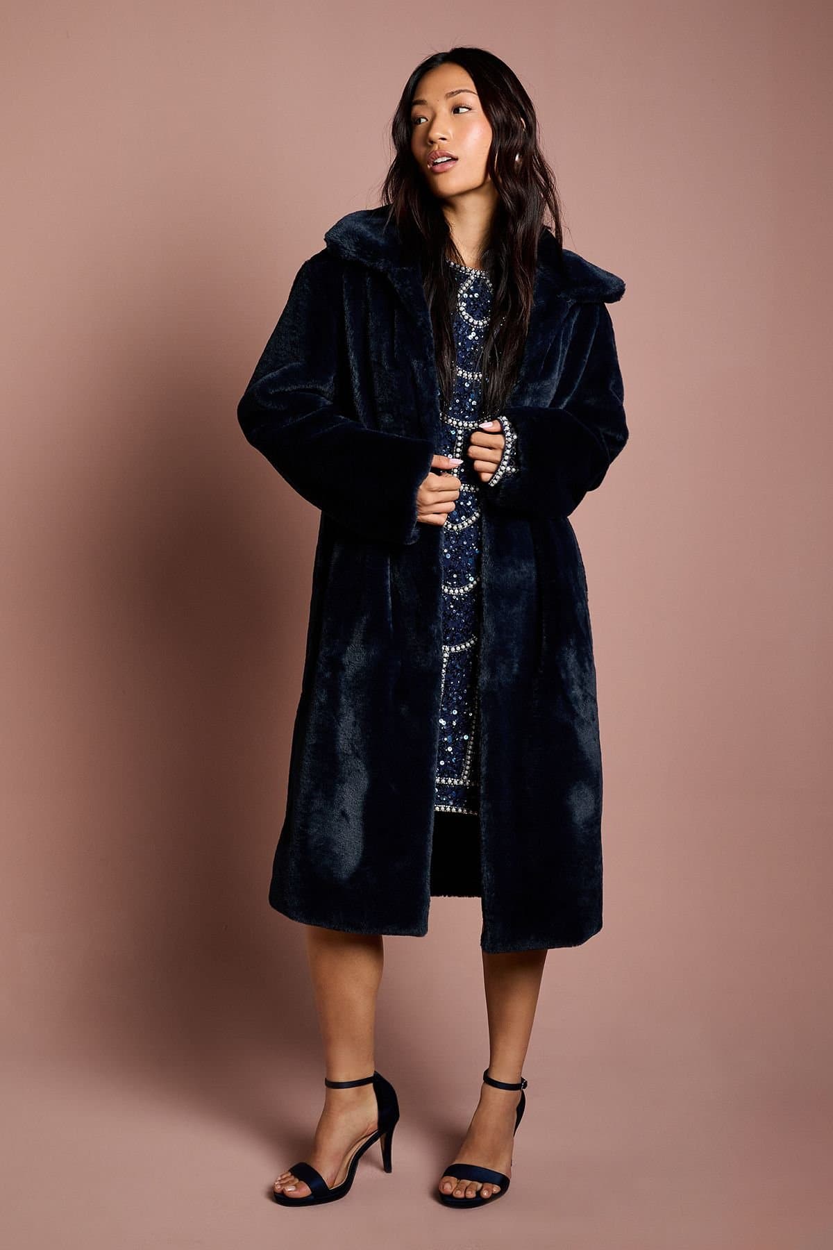 Coast Coast Women's Navy Faux Fur Longline Collared Coat