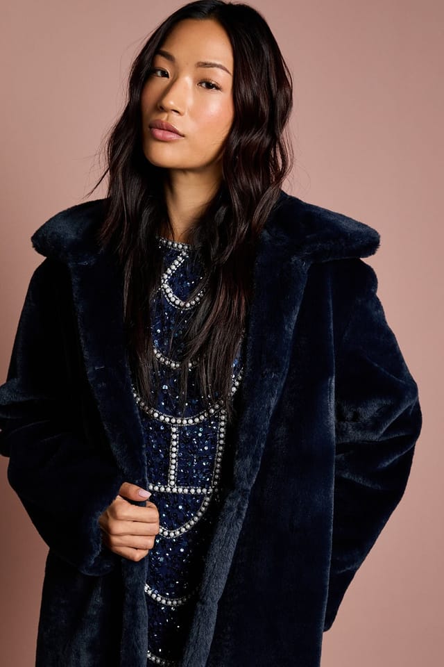 Coast Coast Women's Navy Faux Fur Longline Collared Coat - 2