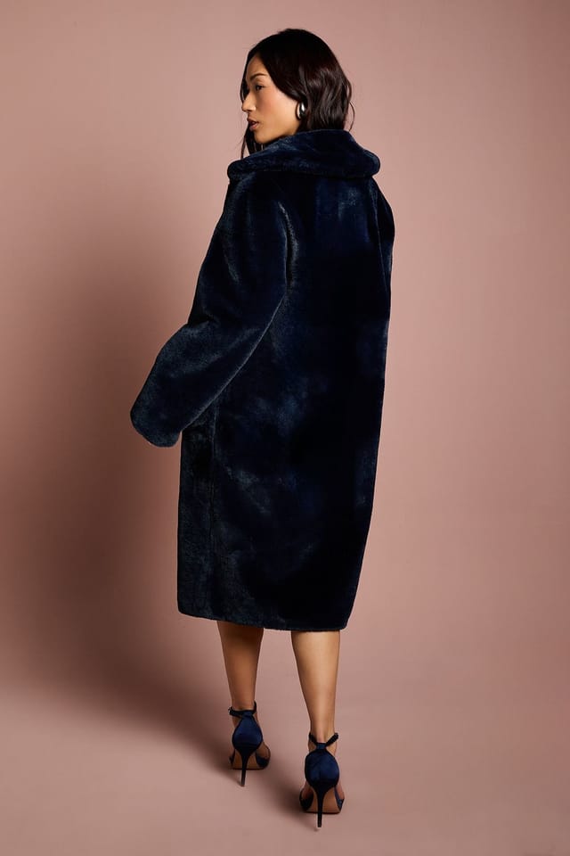 Coast Coast Women's Navy Faux Fur Longline Collared Coat - 3