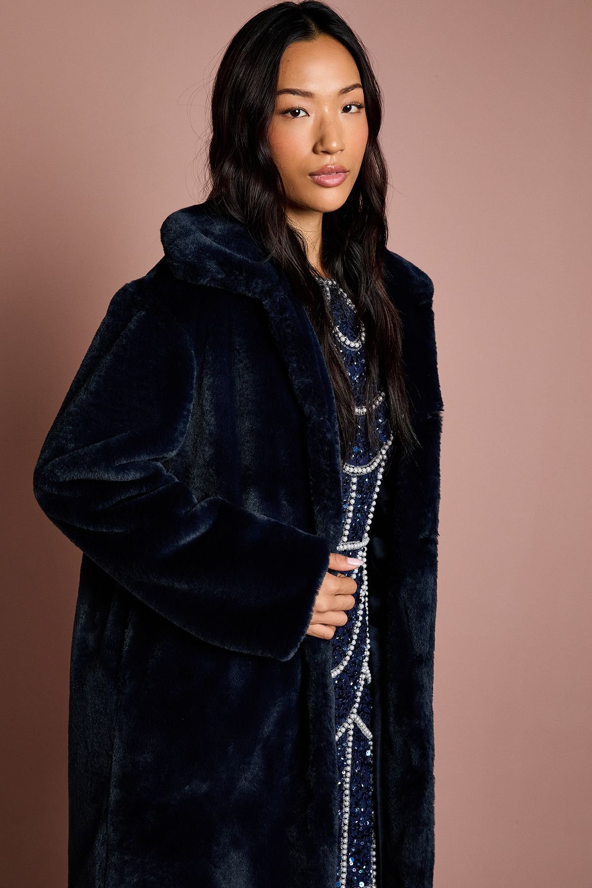 Coast Coast Women's Navy Faux Fur Longline Collared Coat - 4