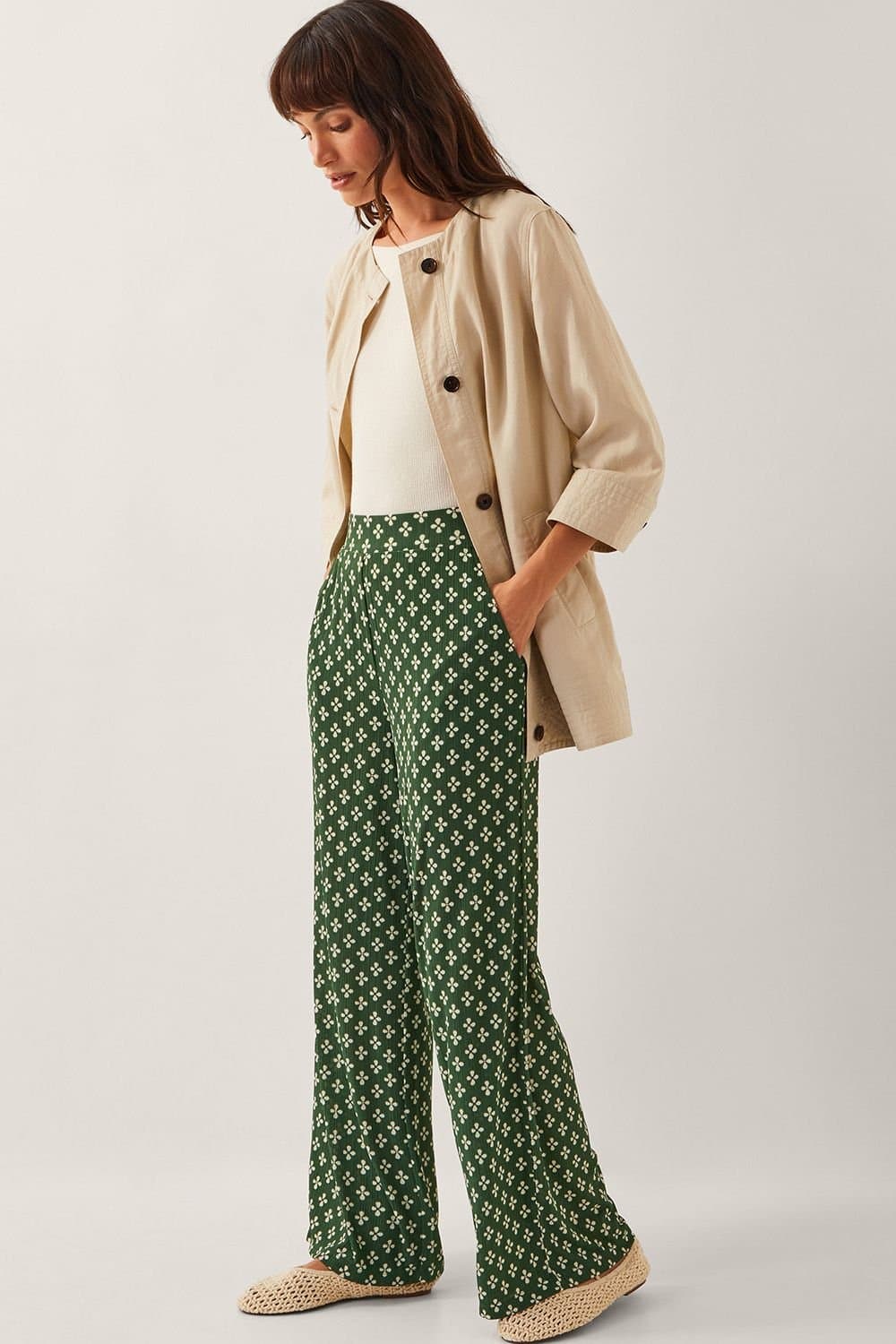 Monsoon Monsoon Women's Daisey Geometric Wide Leg Trousers Green