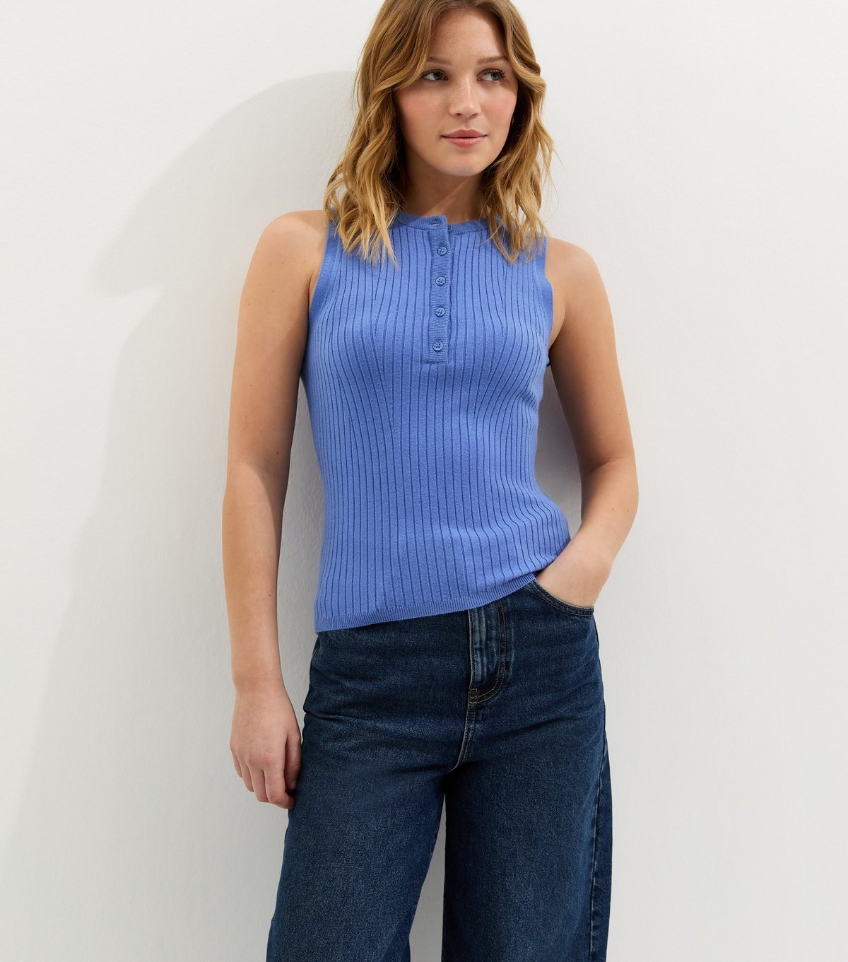 New Look Women's Blue Knitted Sleeveless Henley Top New Look - 2