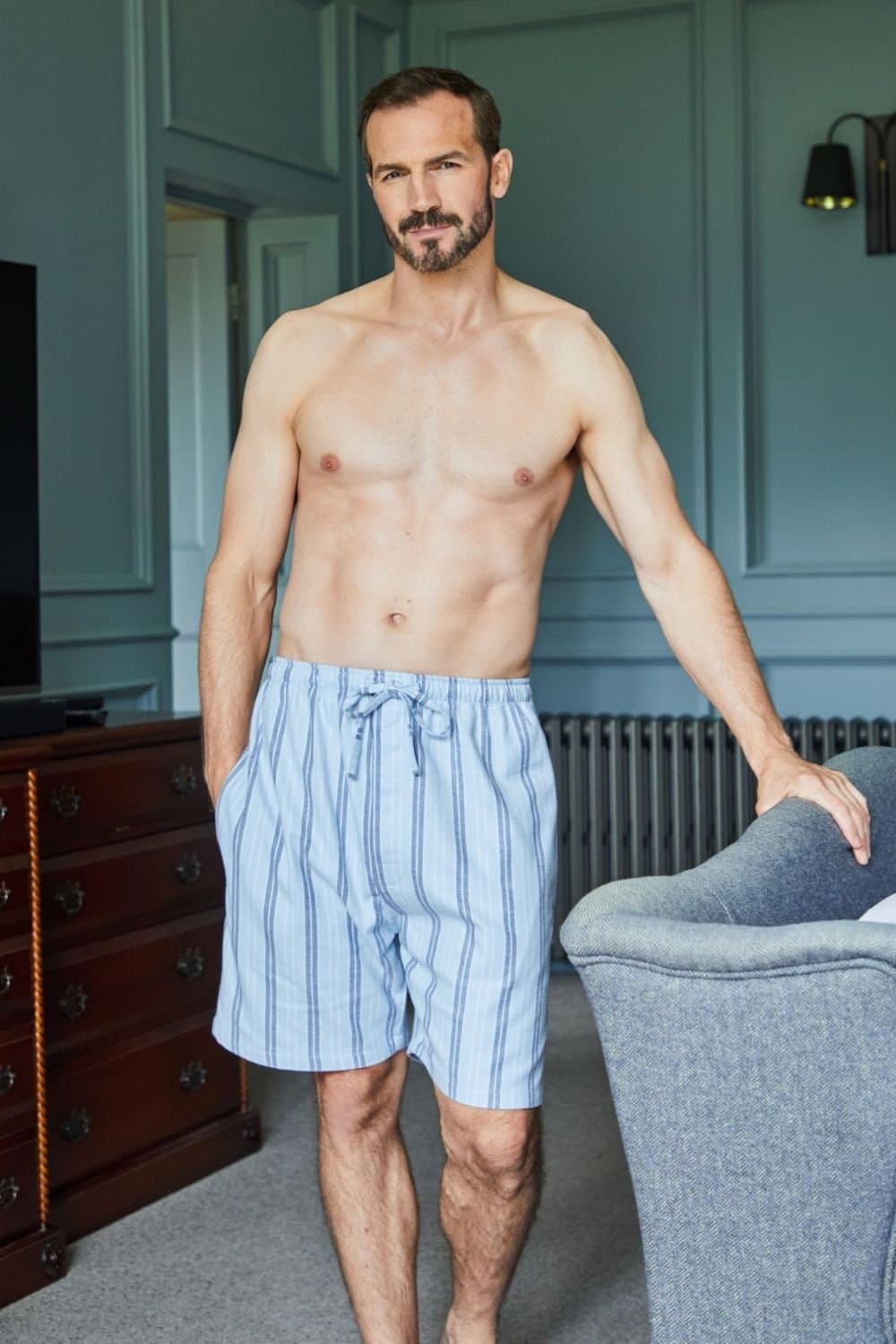 British Boxers British Boxers Men's "Brighton Blue" Stripe Brushed Cotton Sleep Shorts in Light Blue