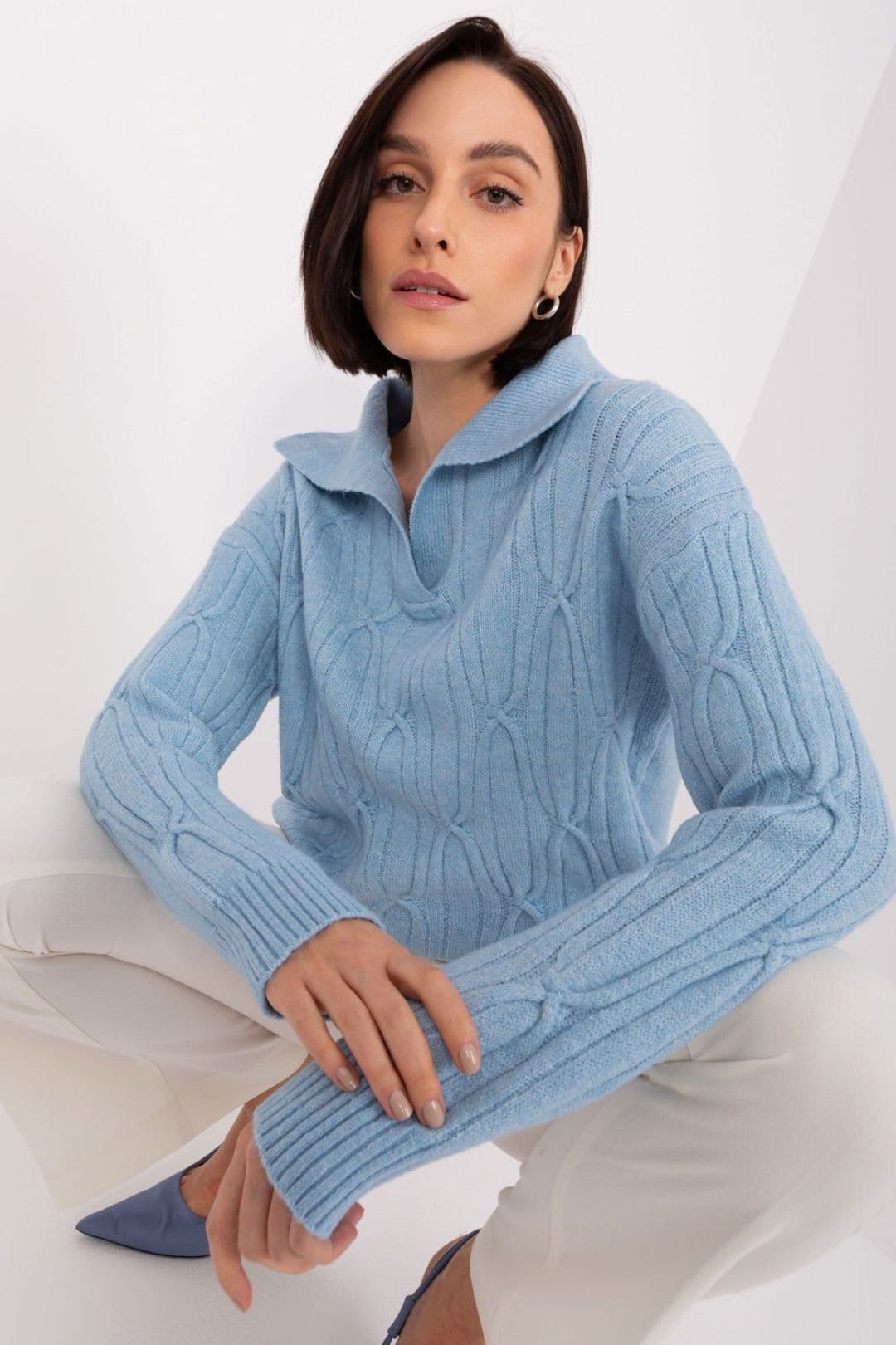 Love Lace Love Lace Women's Textured Acrylic Collared Long Sleeve Sweater in Blue - 4