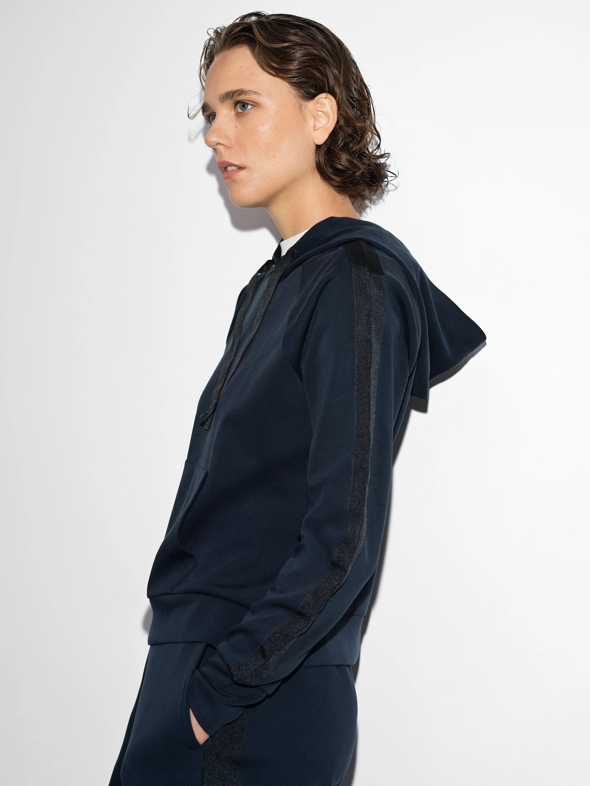 French Connection Navy Black Sleeve Trim Detail Hoodie