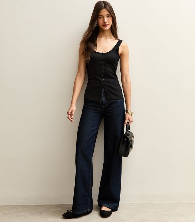 New Look Women's Black Ribbed Button Up Tank Top New Look - 2