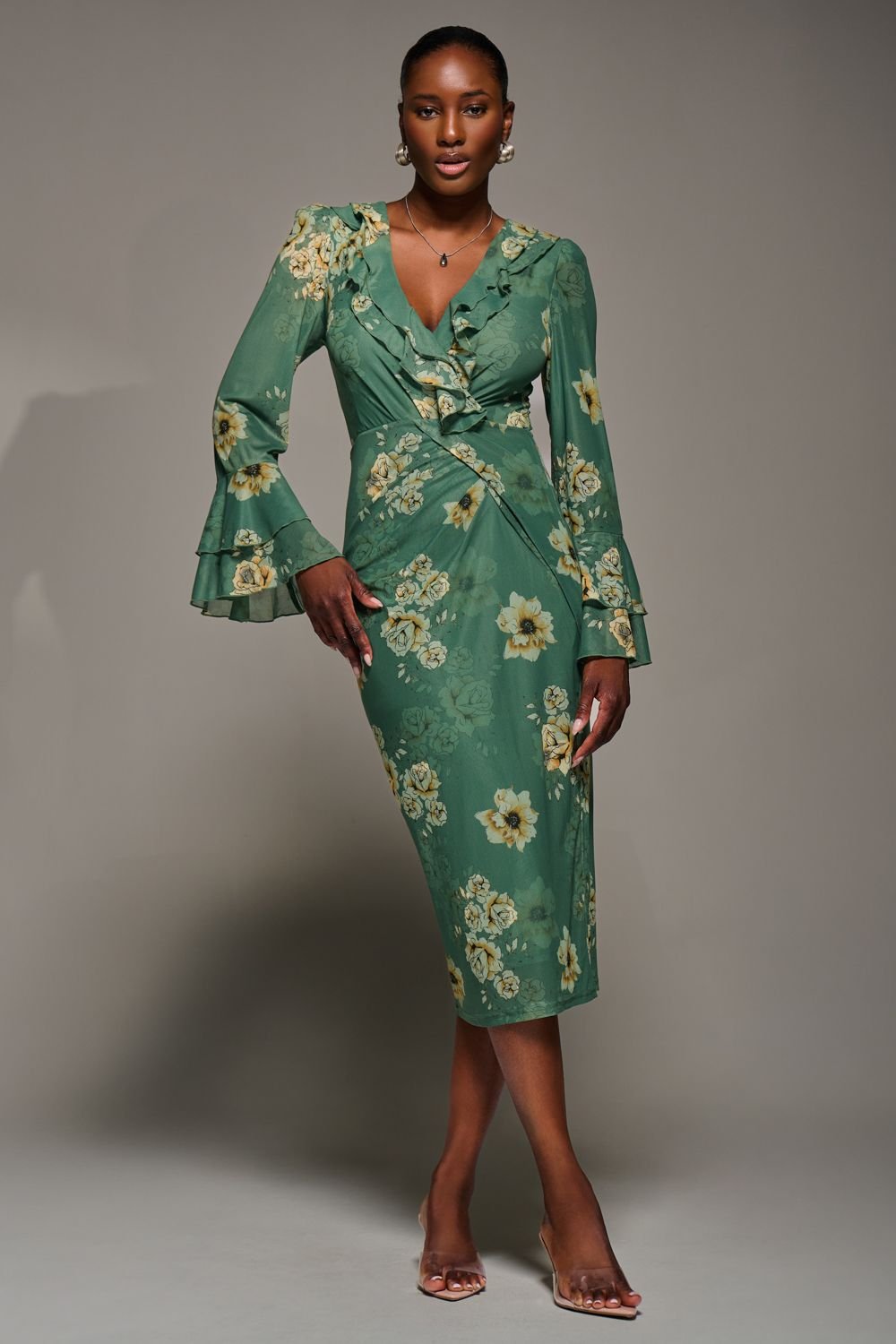 Jolie Moi Jolie Moi Women's Frill Sleeve Pleated Wrap Midi Dress in Green - 2