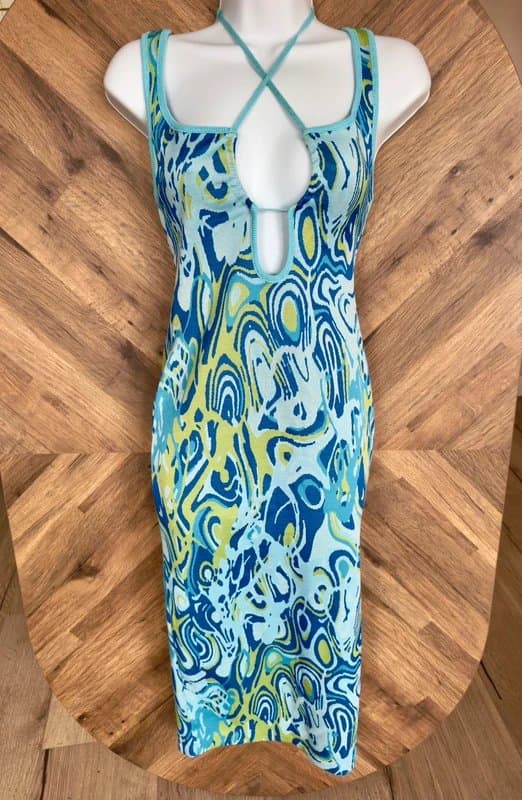 Zara Zara Psychedelic Blue & Green Cut-Out Jacquard Midi Dress size S
