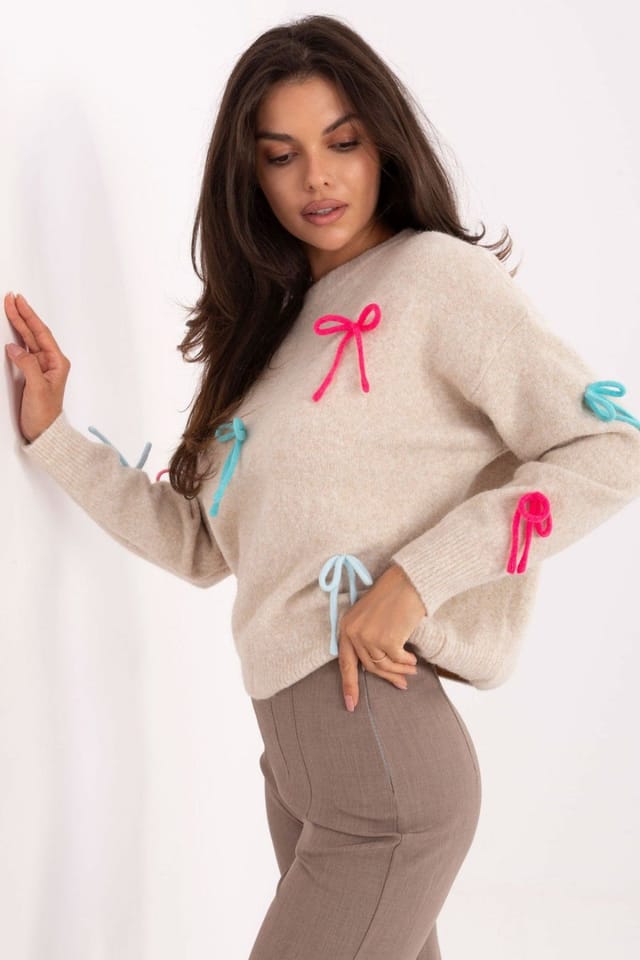Love Lace Love Lace Women's Casual Round Neck Sweater with Front Bows in Beige - 2