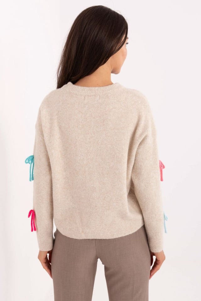 Love Lace Love Lace Women's Casual Round Neck Sweater with Front Bows in Beige - 3