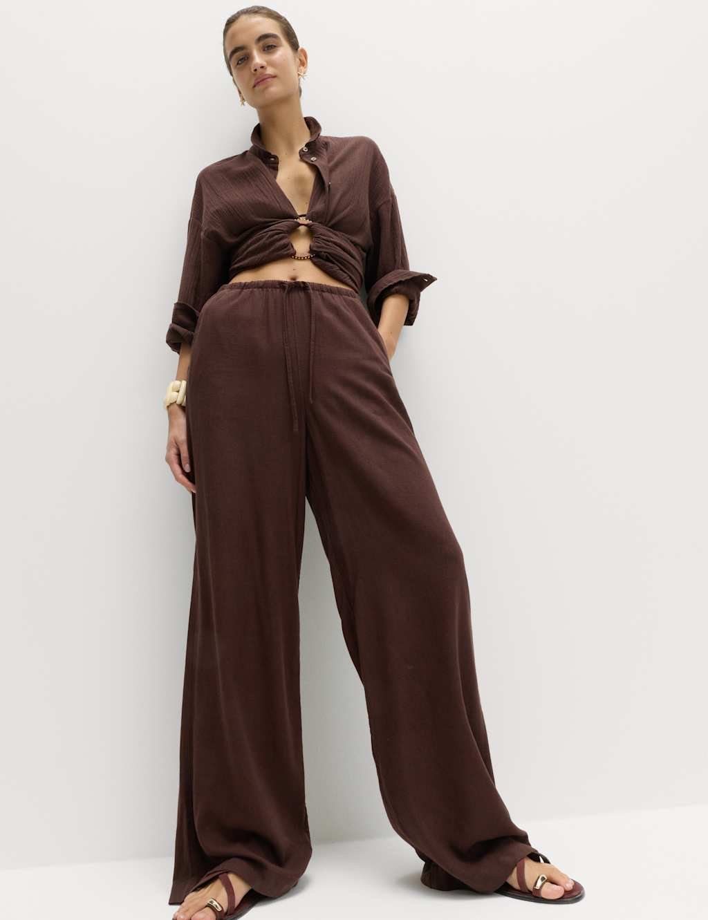 Marks & Spencer M&S Drawstring Wide Leg Trousers with Linen Peat - 3