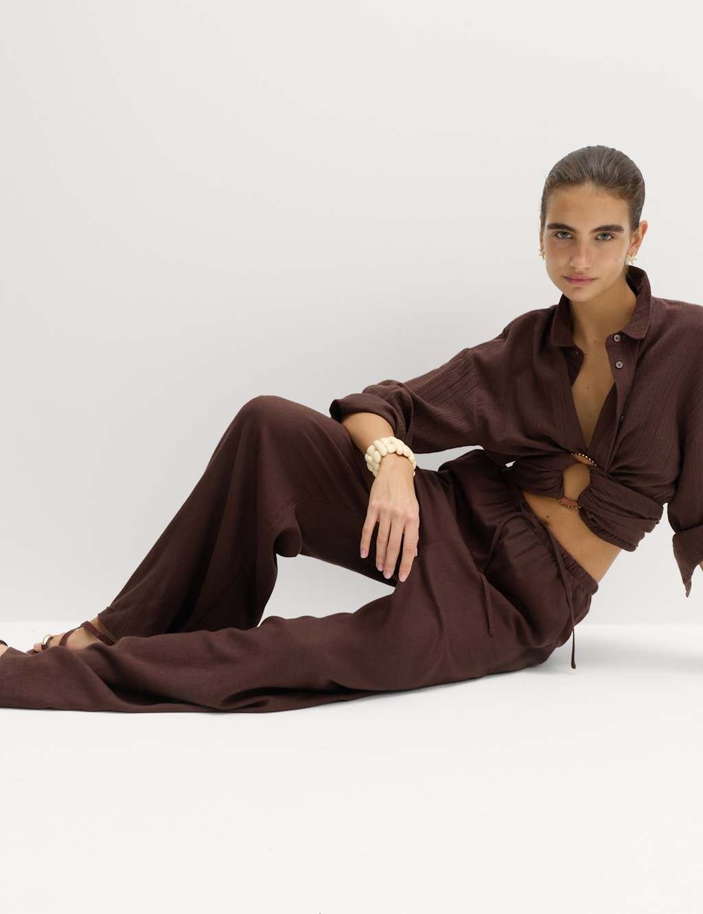 Marks & Spencer M&S Drawstring Wide Leg Trousers with Linen Peat - 4