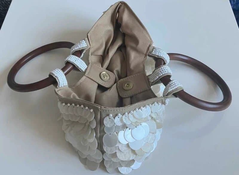 bessie’s wardrobe Shell wooden embellished bag
