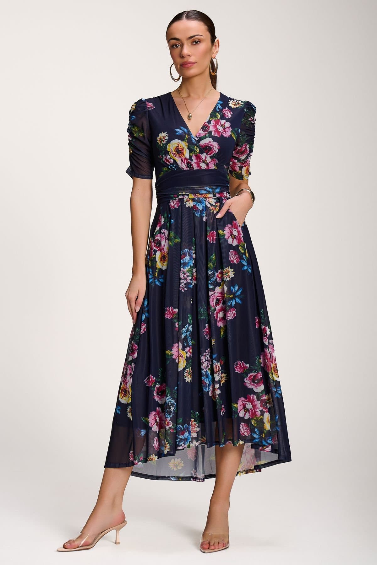 Jolie Moi Jolie Moi Women's Floral Print Mesh Maxi Dress in Navy