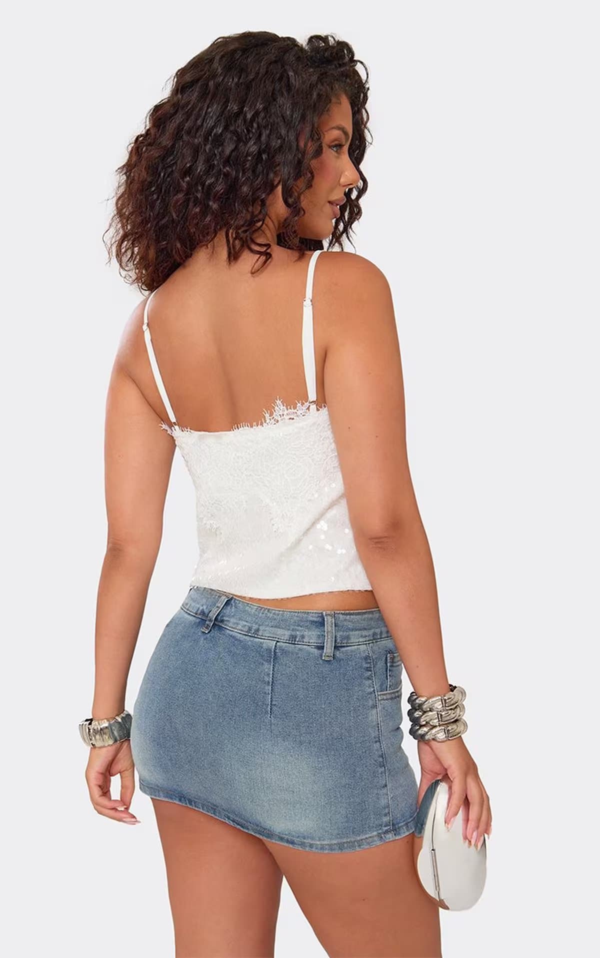 EGO Strappy Lace Trim Top In White Sequin, Women's Size UK 6