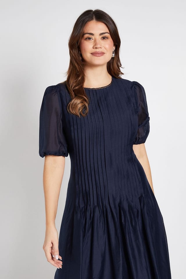Wallis Wallis Women's Tencel Pintuck Detail Midi Dress in Navy - 2
