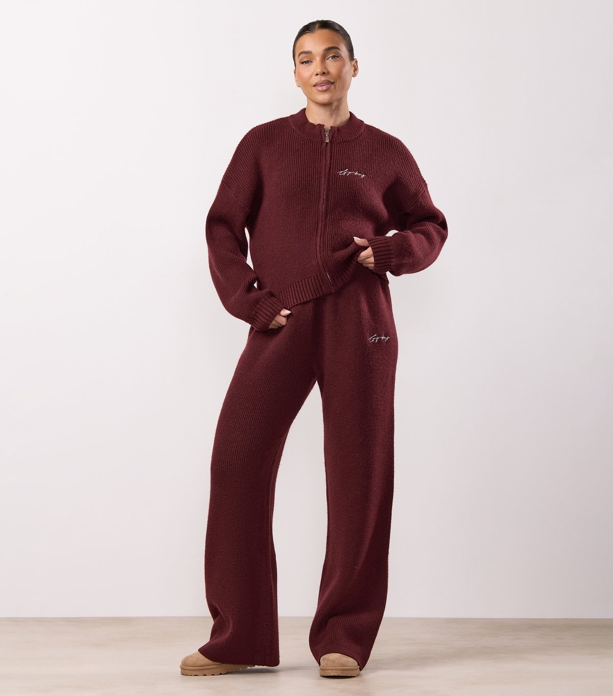 Gym King Women's Burgundy Rib Knit Zip Jacket Gym King New Look - 2