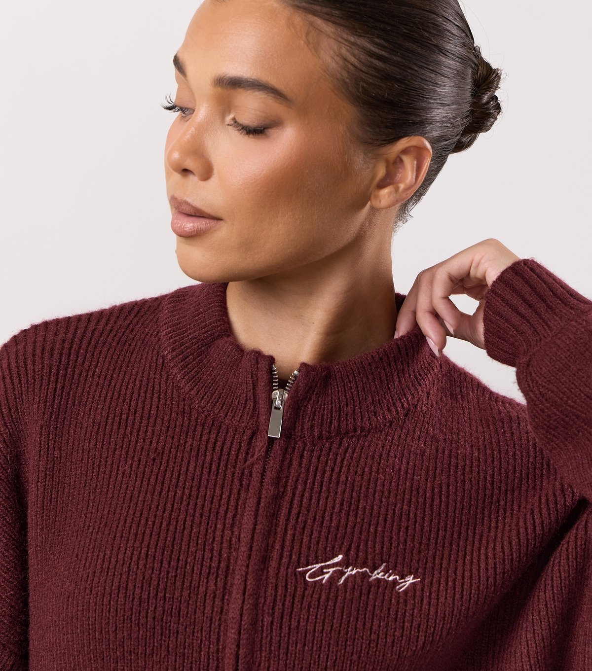 Gym King Women's Burgundy Rib Knit Zip Jacket Gym King New Look - 4