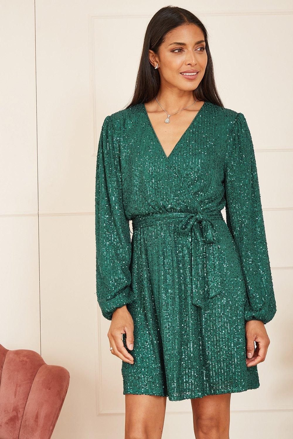 Mela Mela Women's Green Sequin Belted Wrap Long Sleeve Dress - 2