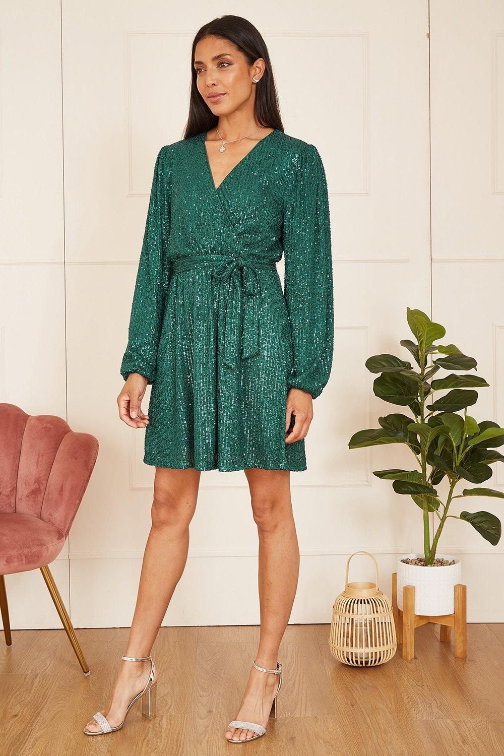 Mela Mela Women's Green Sequin Belted Wrap Long Sleeve Dress - 3