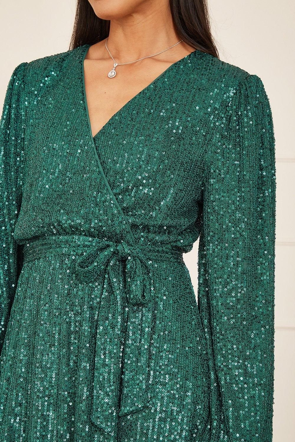 Mela Mela Women's Green Sequin Belted Wrap Long Sleeve Dress - 4