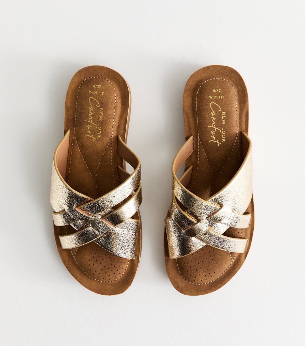 New Look Women's Wide Fit Gold Faux Leather Woven Strap Sandals Vegan New Look