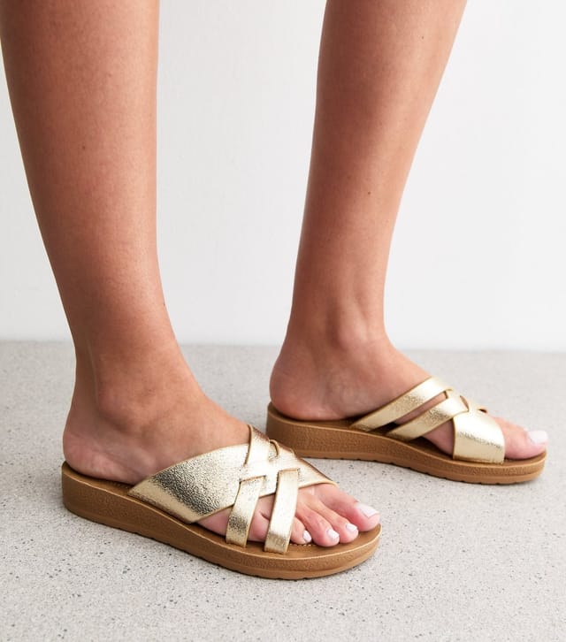 New Look Women's Wide Fit Gold Faux Leather Woven Strap Sandals Vegan New Look - 2