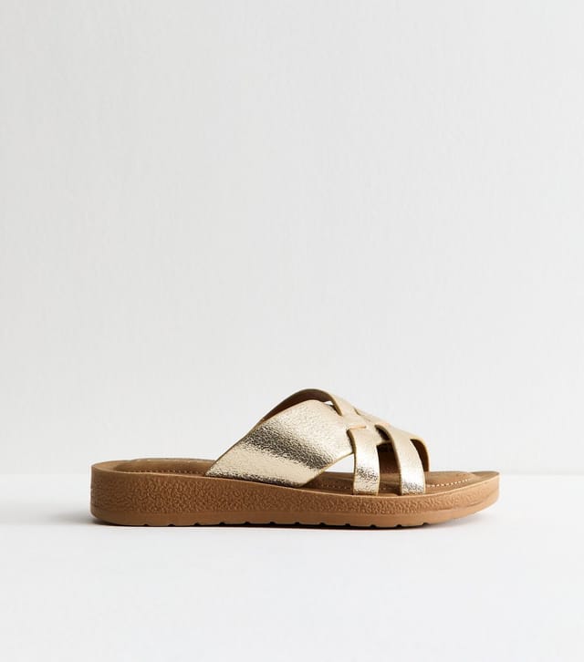 New Look Women's Wide Fit Gold Faux Leather Woven Strap Sandals Vegan New Look - 3