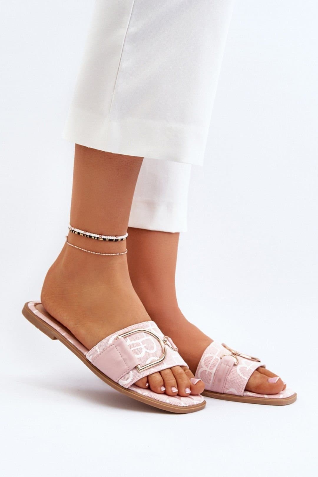 Love Lace Love Lace Pink Gold Detailed Flat Heeled Flip Flops