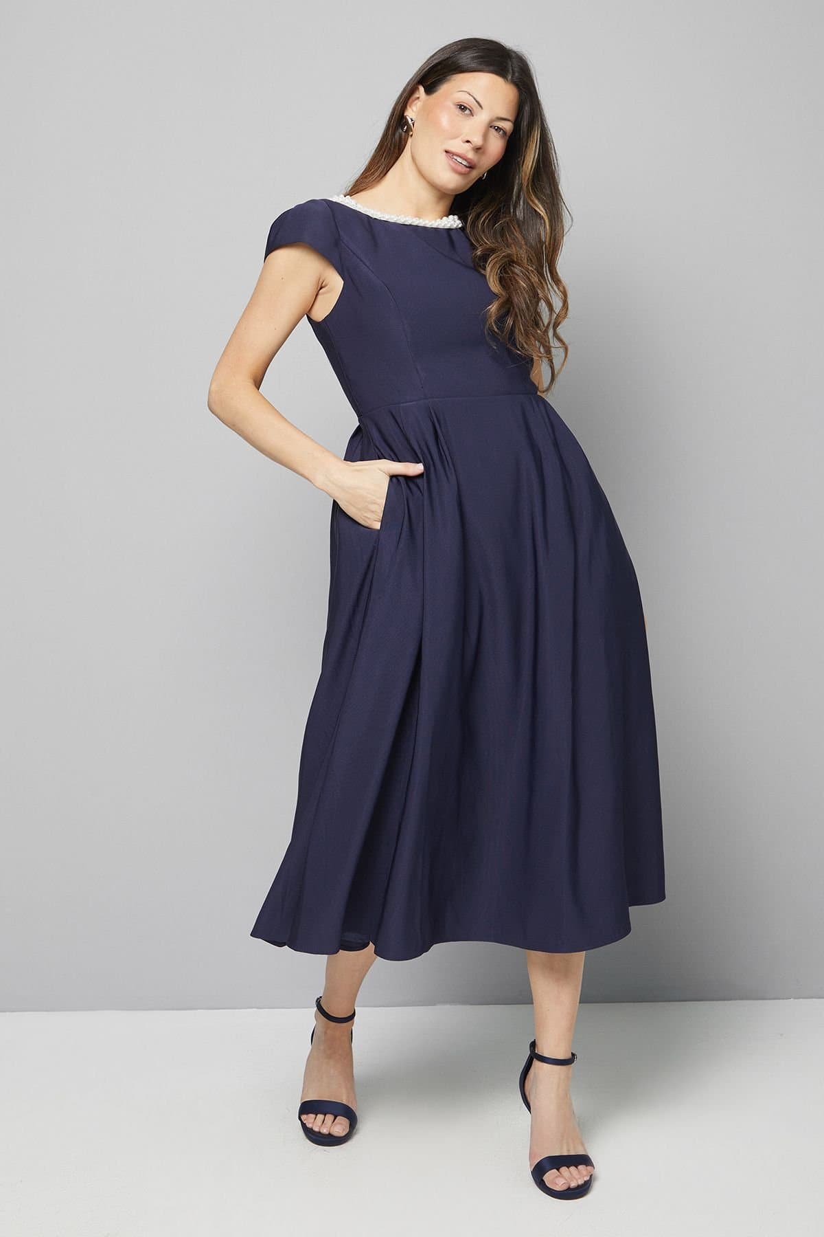 Wallis Wallis Women's Embellished Ottoman Twill Midi Dress in Navy