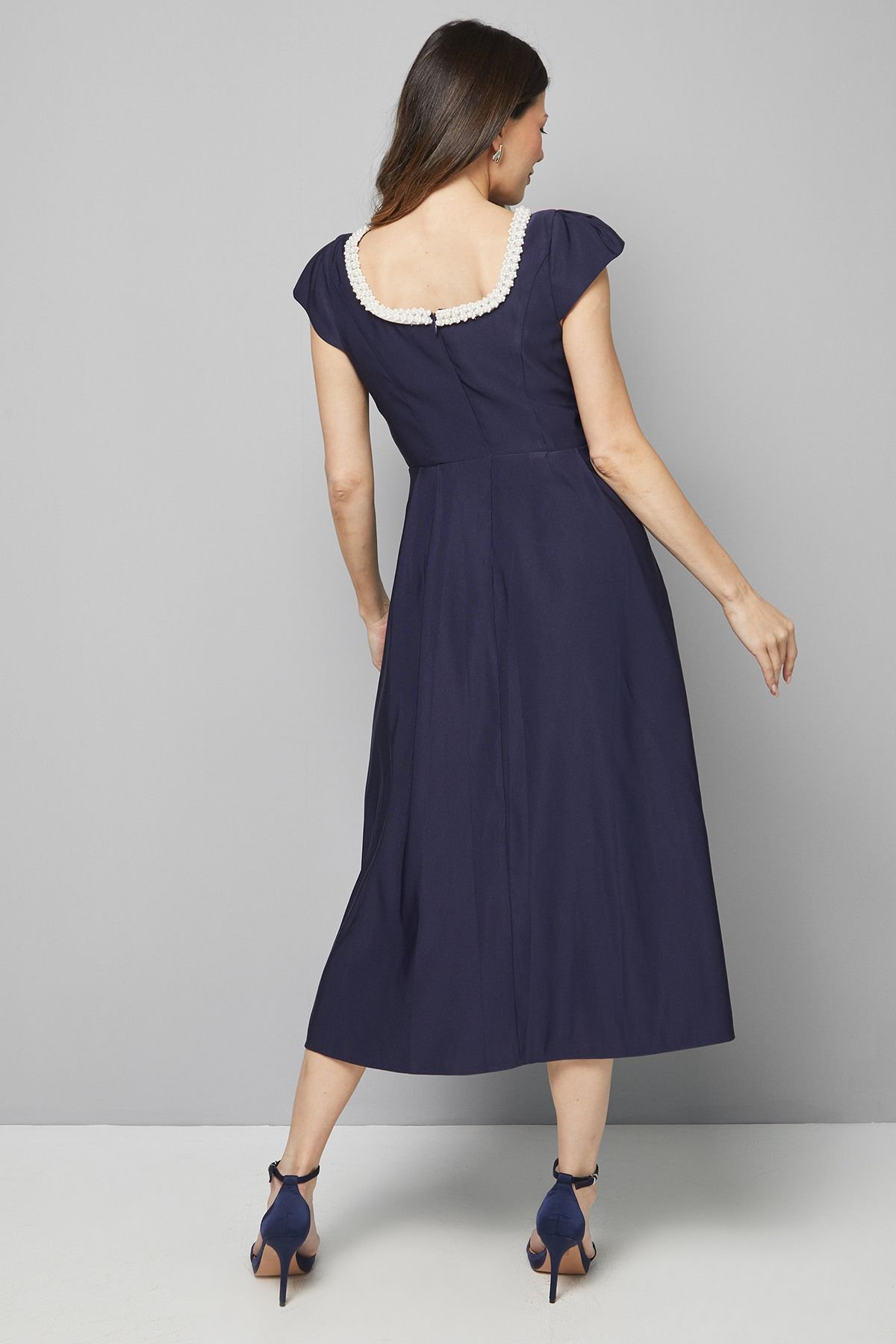 Wallis Wallis Women's Embellished Ottoman Twill Midi Dress in Navy - 3