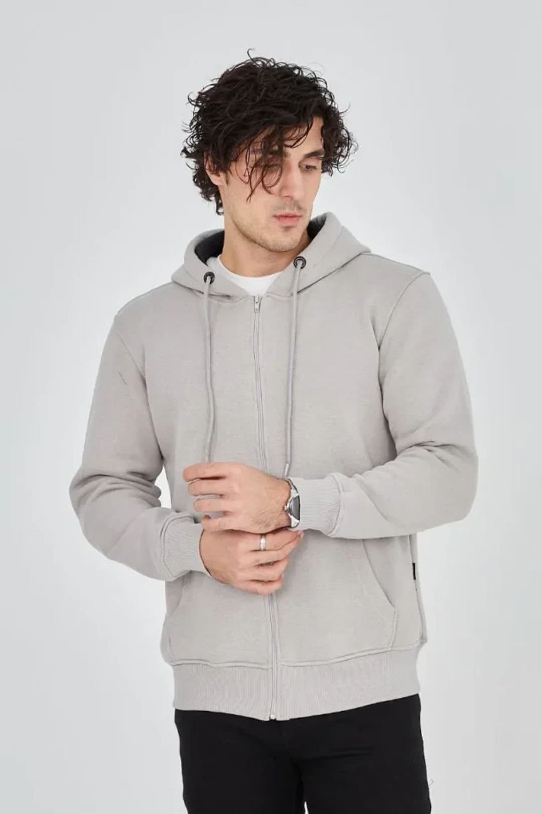 Janes Janes Men's Hooded Zipper Sweatshirt with Pocket in Grey