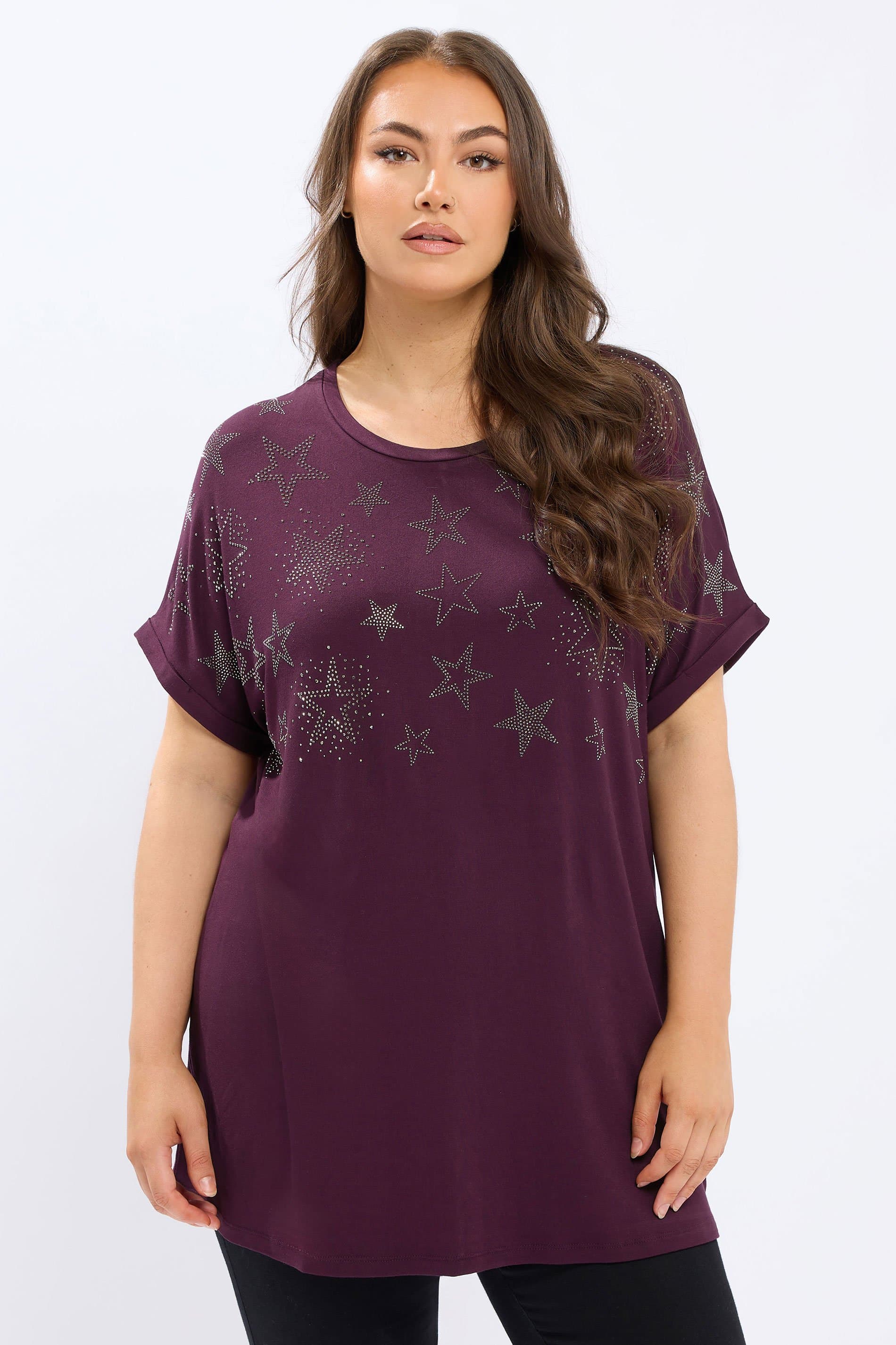 Yours Curve Purple Star Stud Embellished Tshirt