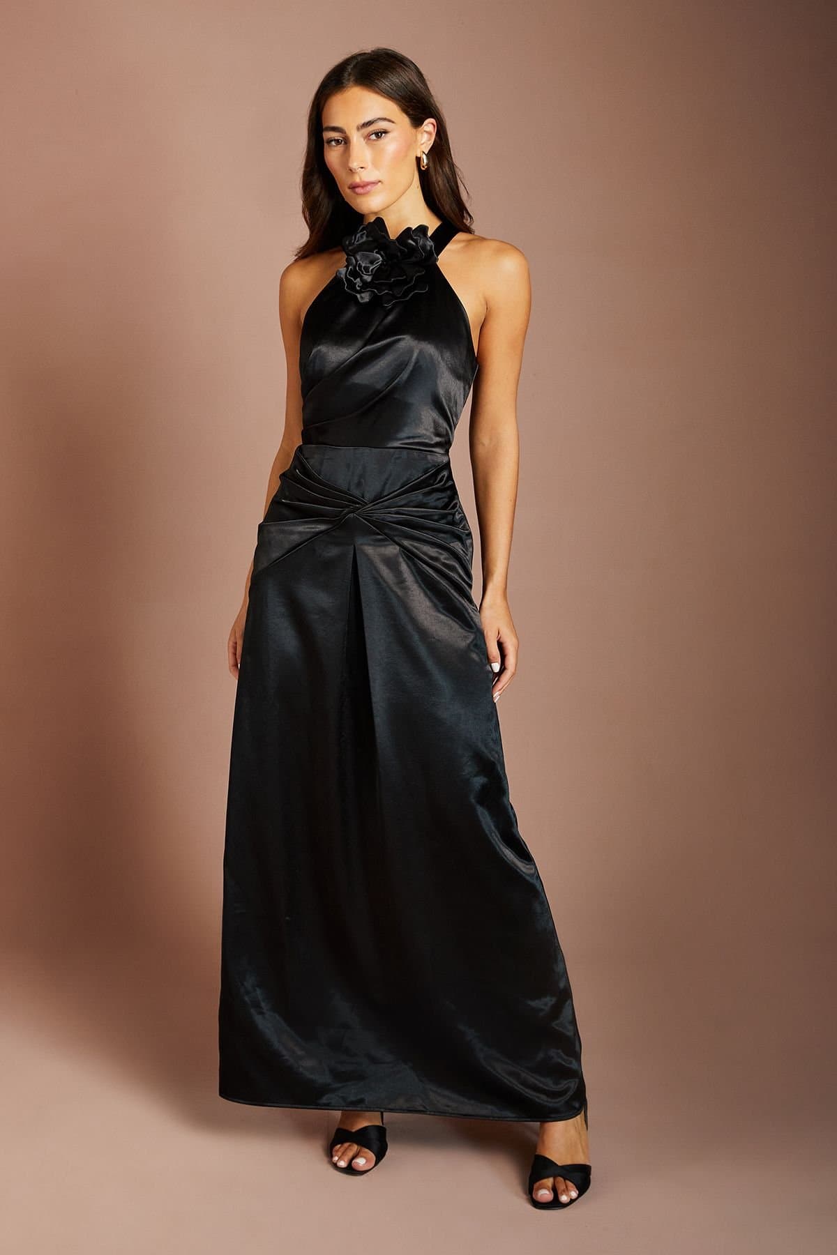 Coast Coast Women's 3d Corsage Halterneck Drape Satin Maxi Dress in Black