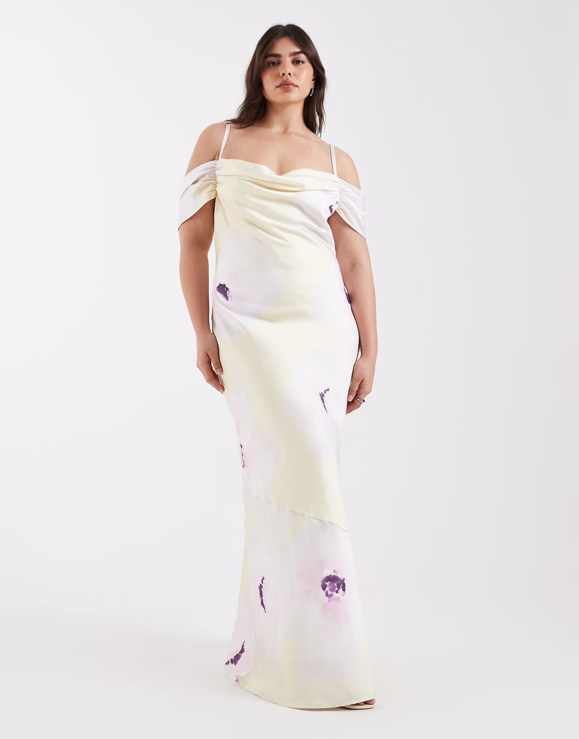 ASOS Pretty Lavish Curve satin cami cold shoulder maxi dress in lilac and yellow floral