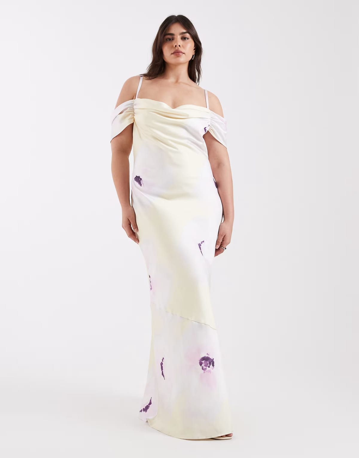 ASOS Pretty Lavish Curve satin cami cold shoulder maxi dress in lilac and yellow floral - 1