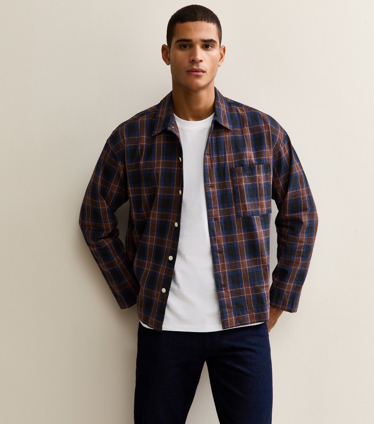 jack & jones Men's Dark Blue Boxy Long Sleeve Checked Shirt Jack & Jones New Look - 2