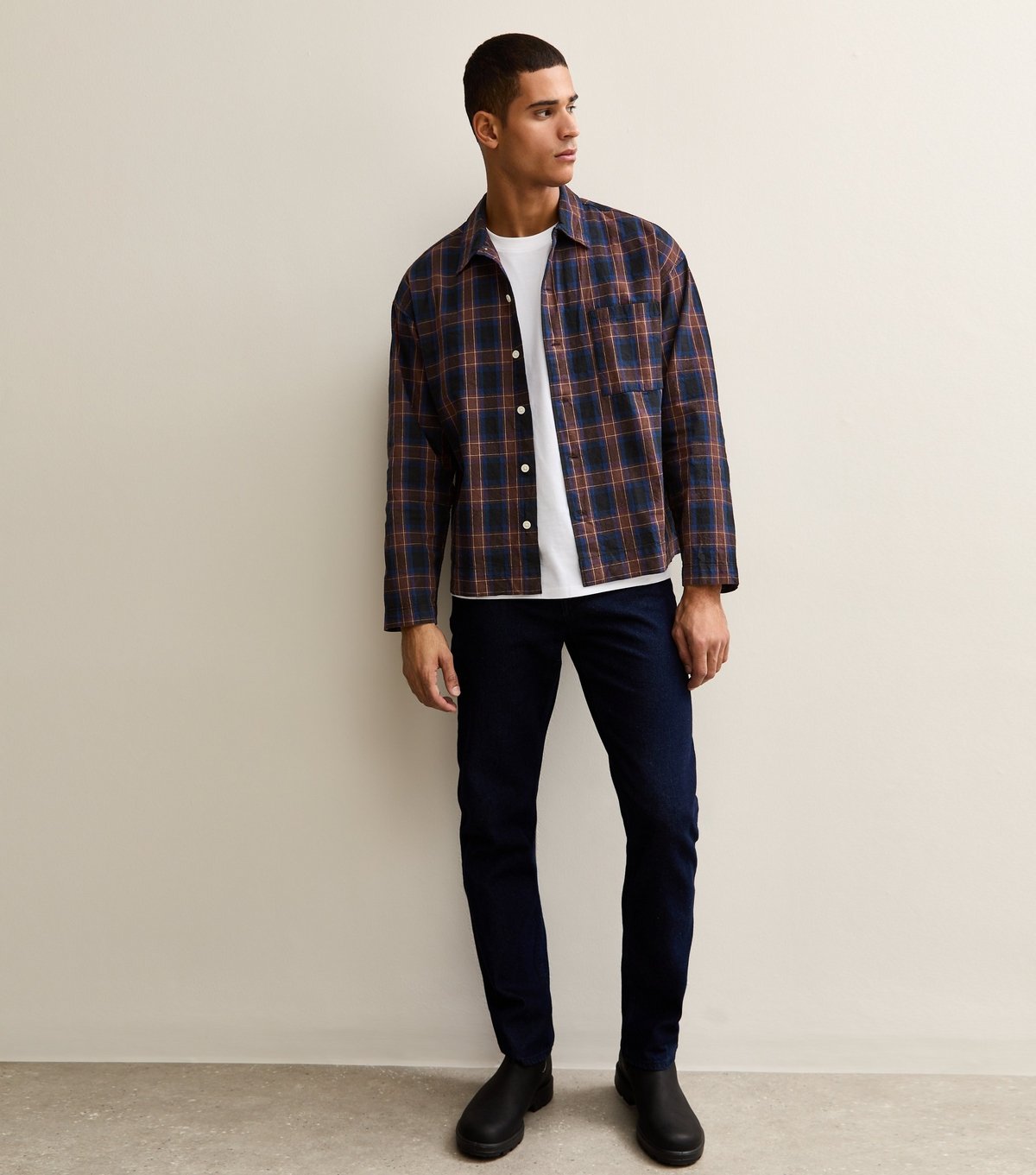 jack & jones Men's Dark Blue Boxy Long Sleeve Checked Shirt Jack & Jones New Look - 3