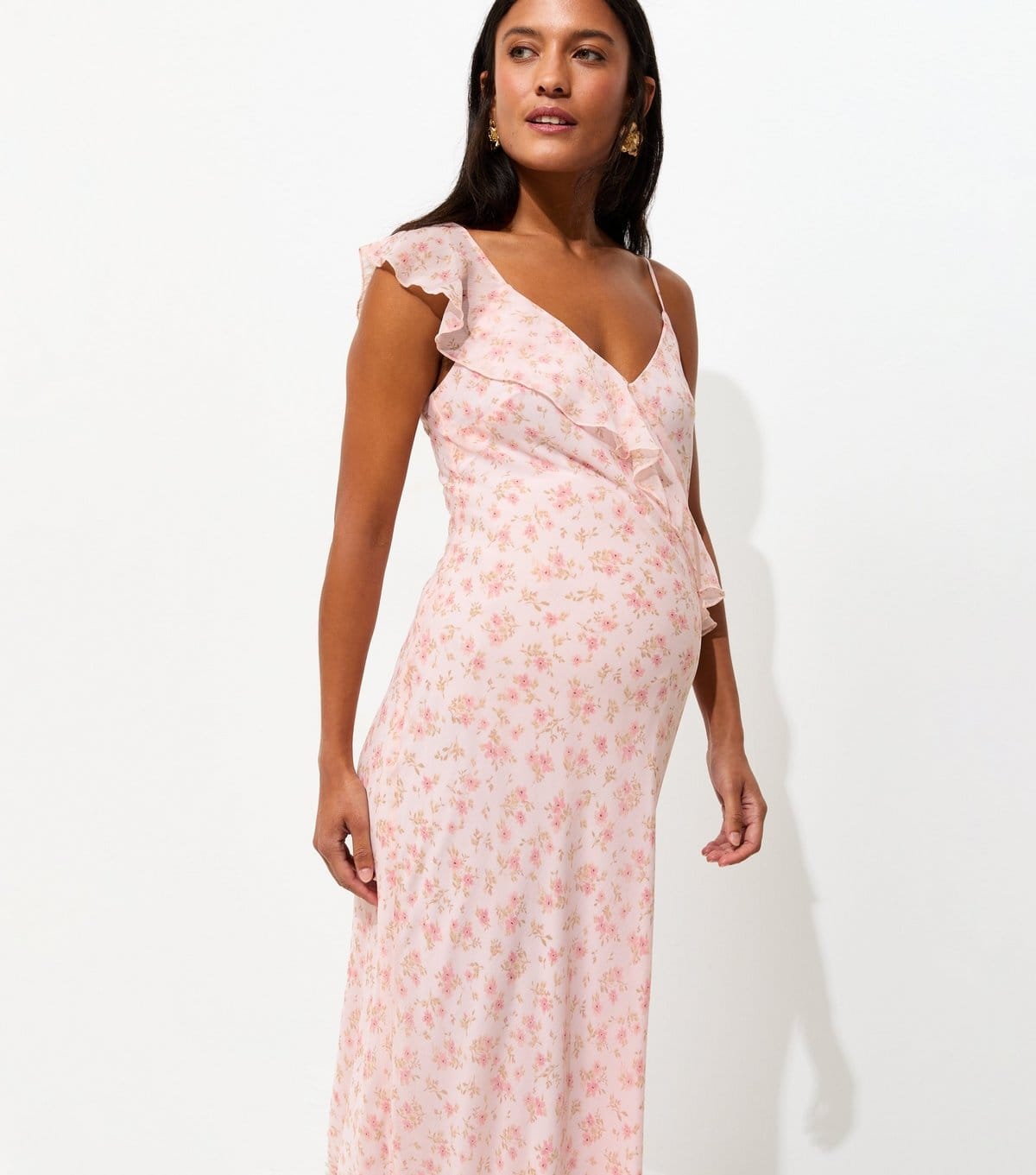 New Look Light Pink Floral Chiffon Maternity Midi Dress