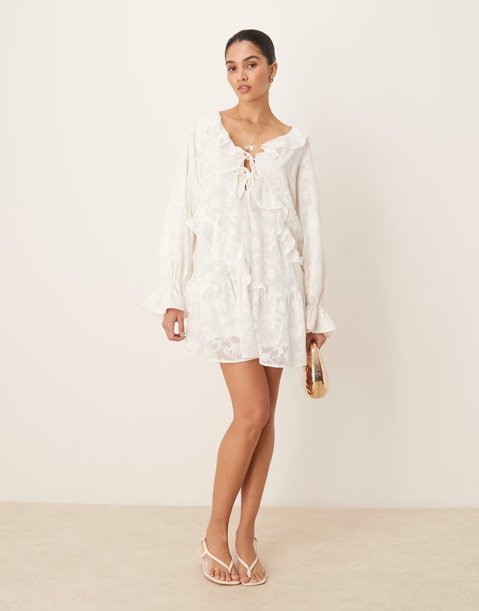 ASOS Gina Tricot lace mini dress with scalloped ruffles in antique white