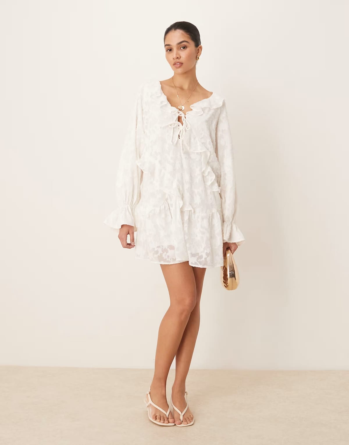 ASOS Gina Tricot lace mini dress with scalloped ruffles in antique white - 1