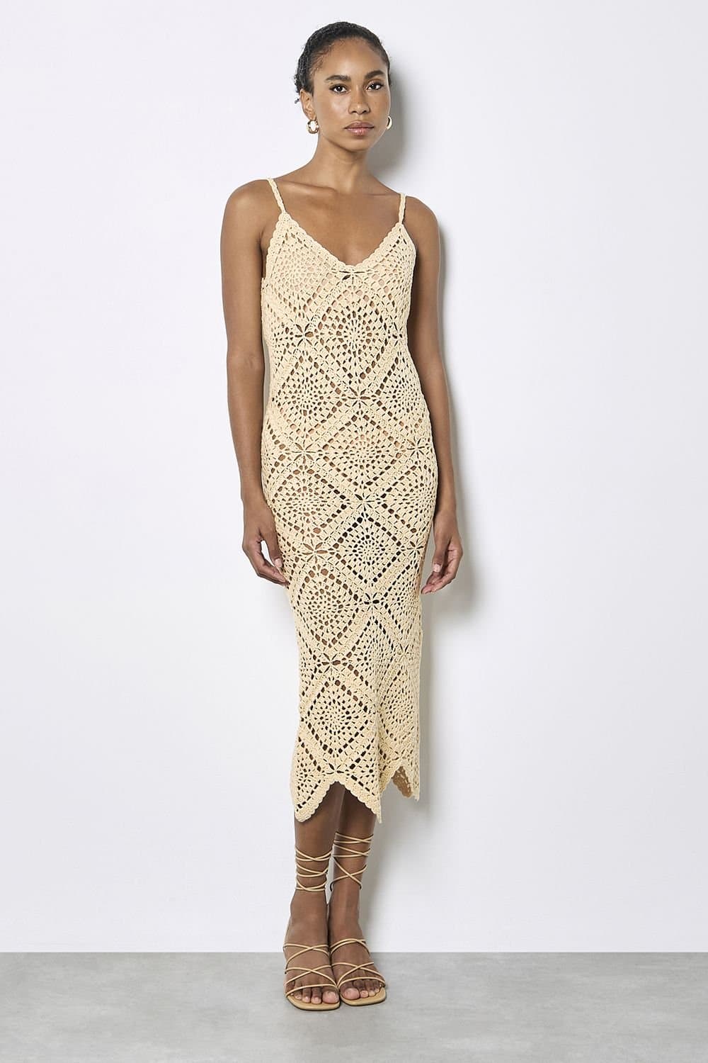 Apricot Apricot Stone Hand-Knit Crochet Midi Dress