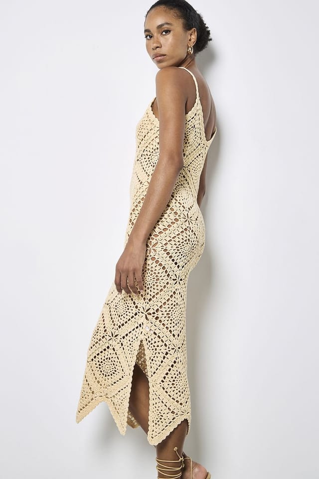 Apricot Apricot Women's Hand-Knit Crochet Midi Dress in Stone - 3
