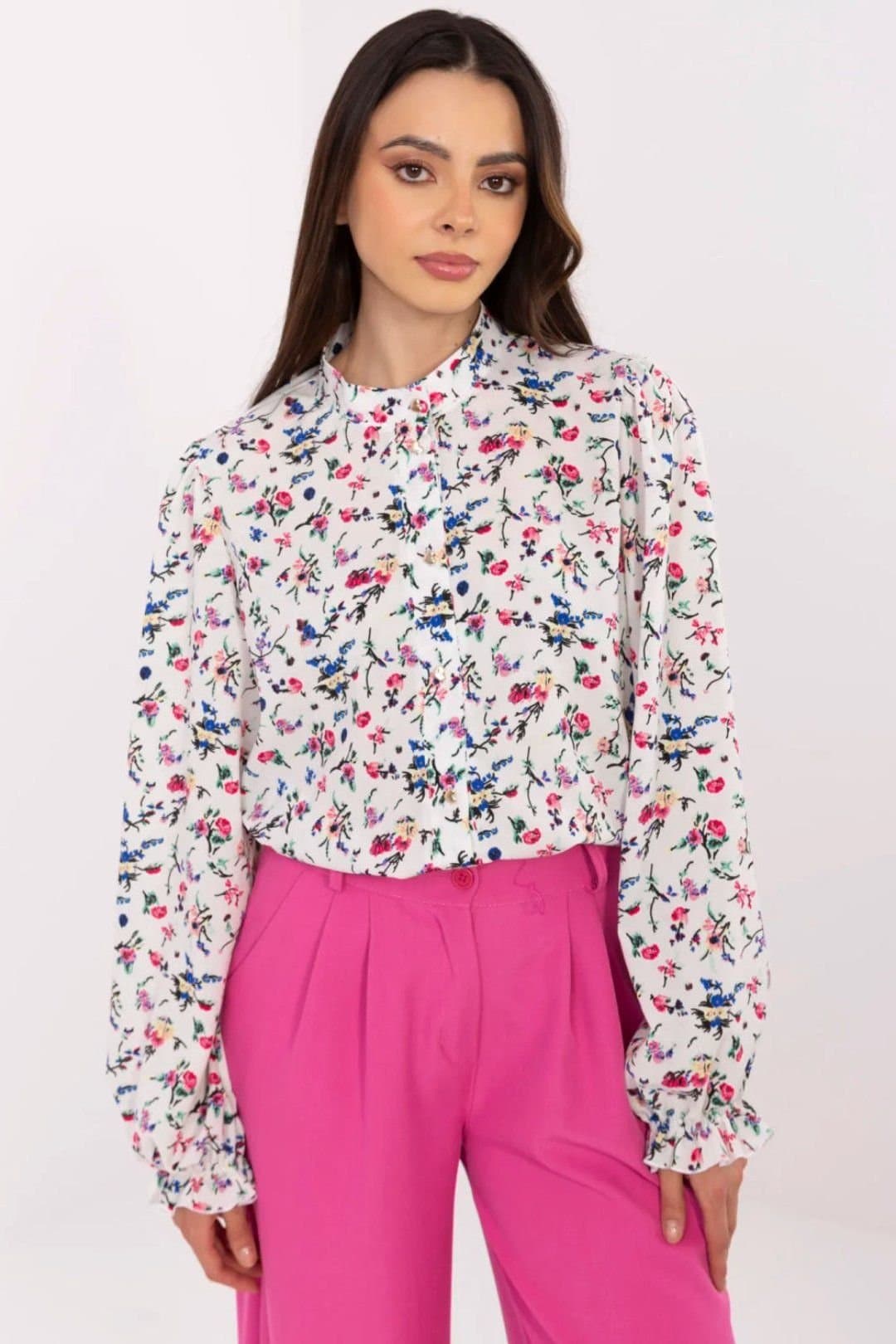 Love Lace Love Lace White Floral Stand Collar Long Sleeve Shirt