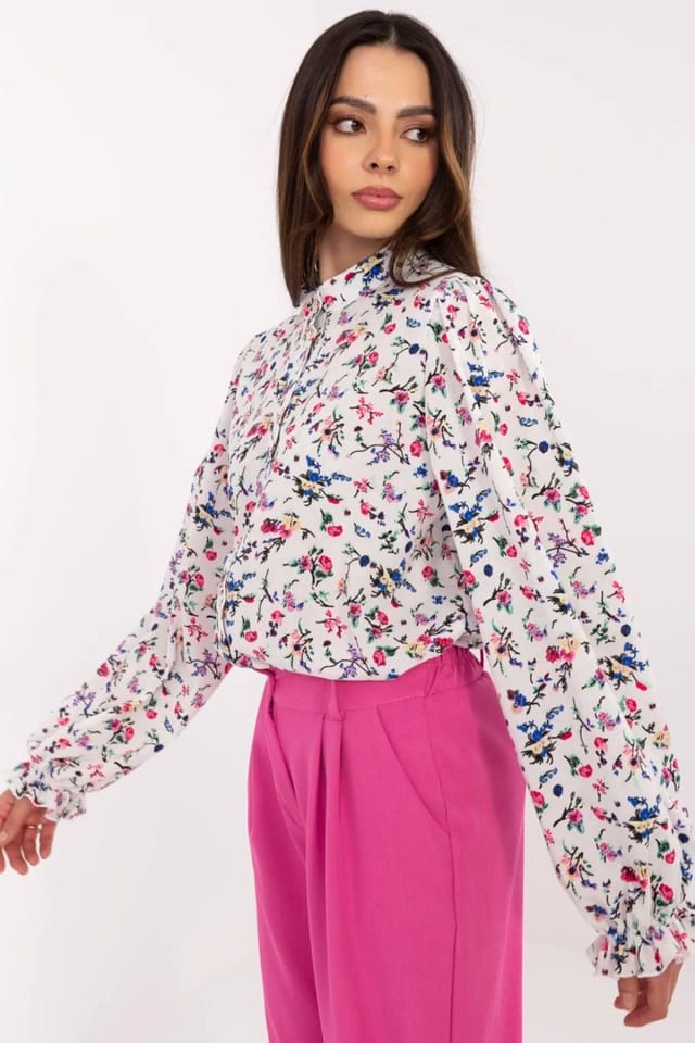 Love Lace Love Lace Women's Floral Stand Collar Long Sleeve Shirt in White - 2