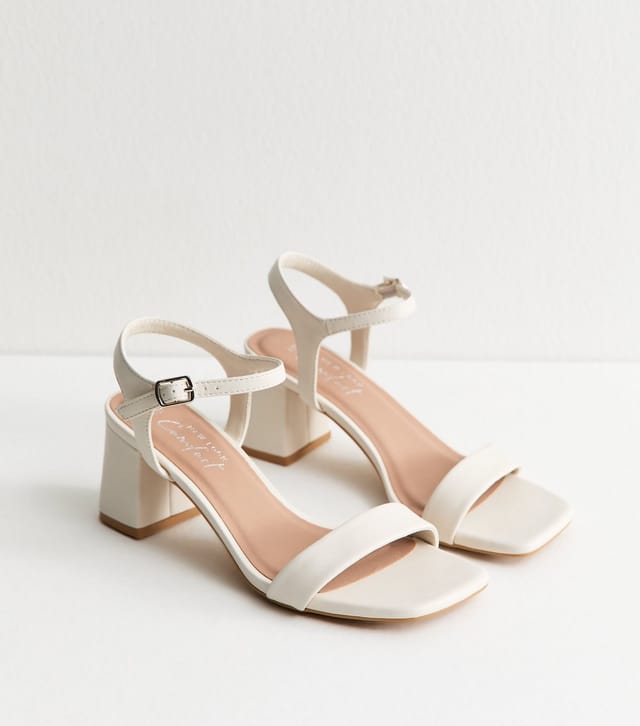 New Look Women's Off White Faux Leather Square Toe Block Heel Sandals Vegan New Look - 2