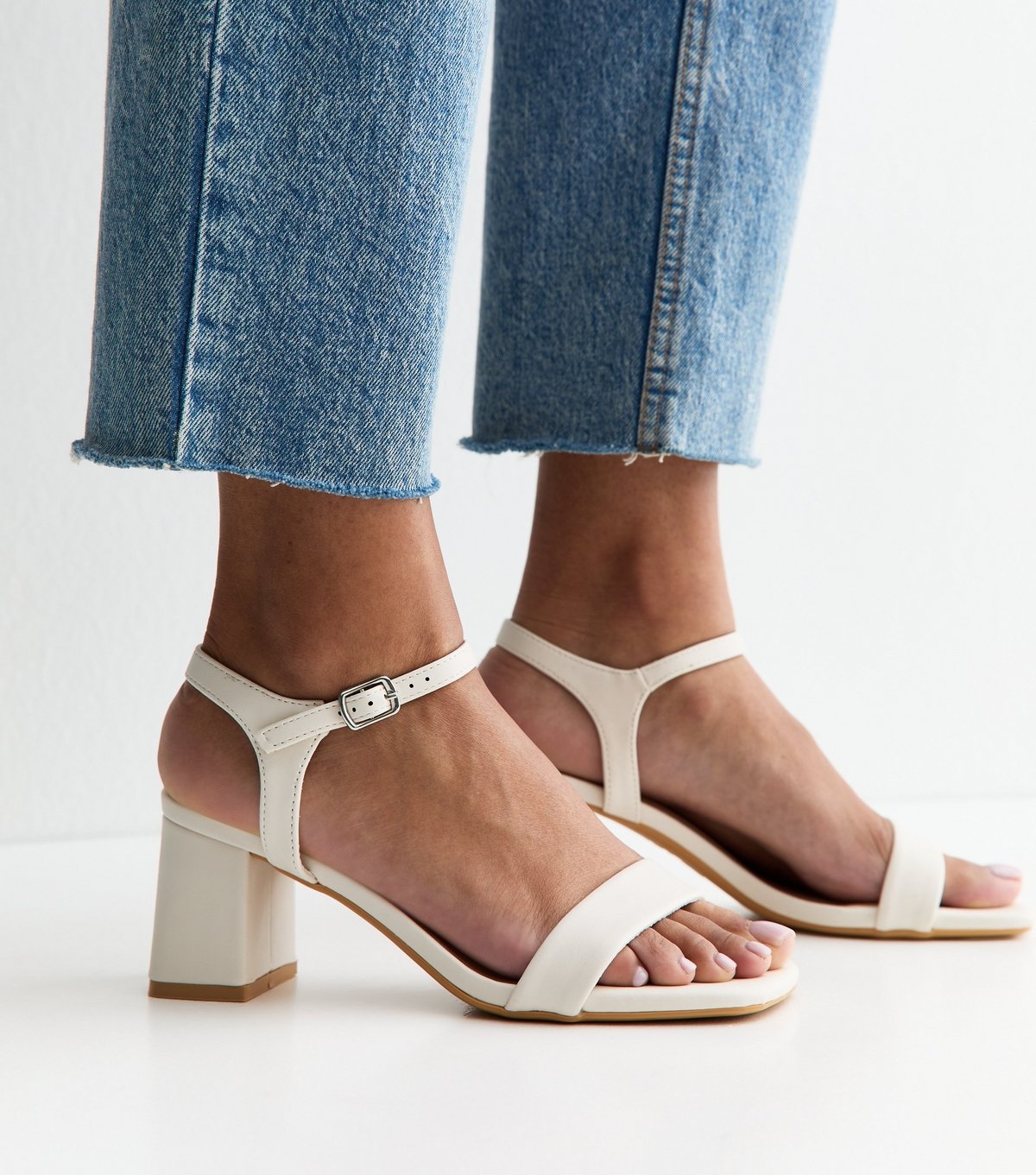 New Look Women's Off White Faux Leather Square Toe Block Heel Sandals Vegan New Look - 4