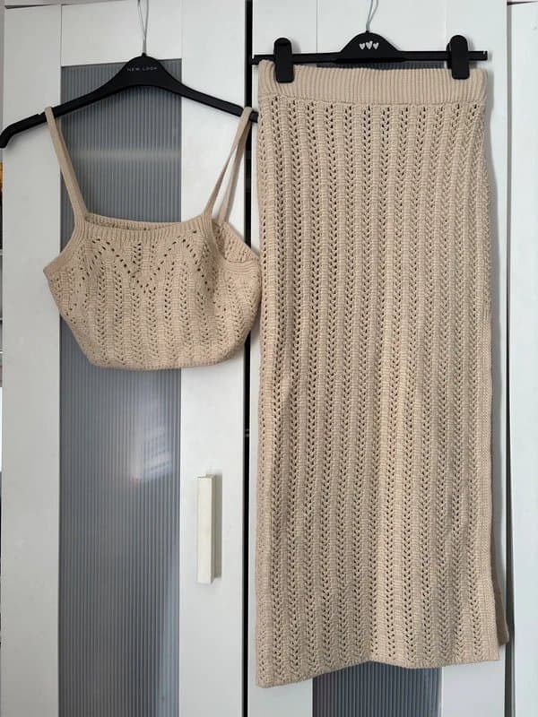 ASOS Design ASOS Beige Crochet Knit Co-Ord Set UK 10/12 Maxi Skirt & Cami Top Summer Holiday Boho