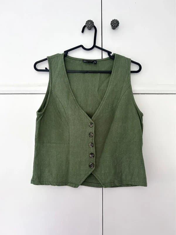 ASOS Women’s Asos olive khaki green v neck button front sleeveless linen waistcoat