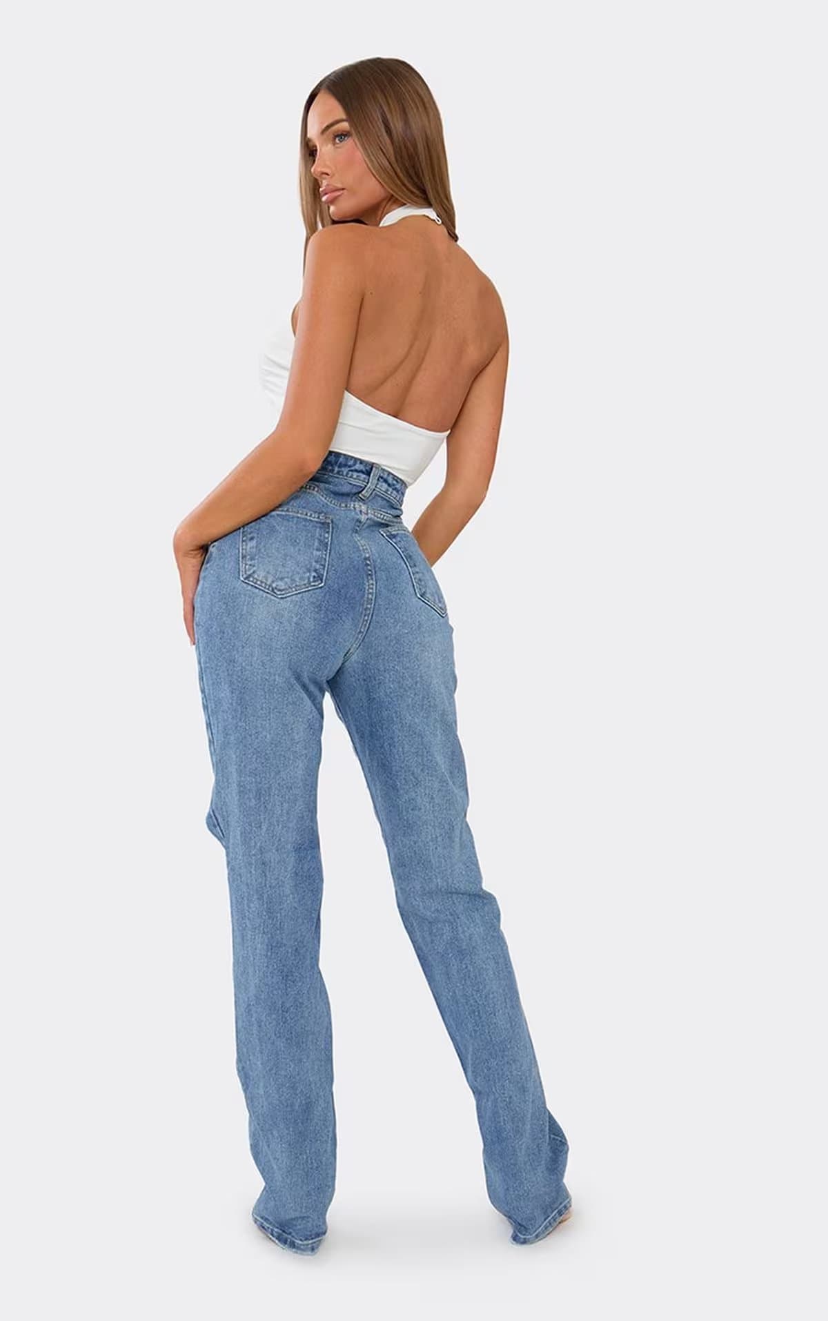 EGO Tall Open Knee Straight Leg Jeans In Blue Denim, Women's Size UK 6